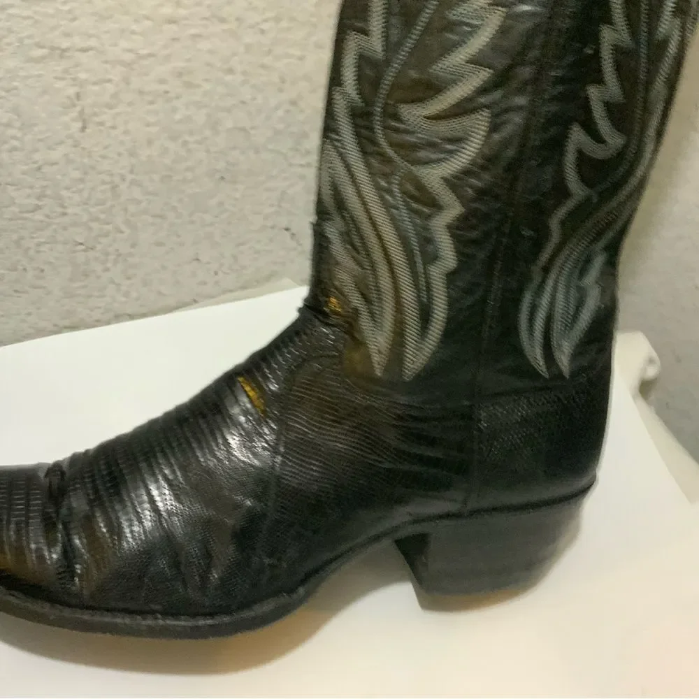 Justin Lizard Skin Leather Cowboy Western Boots Men's 9.5 D Black USA 8313